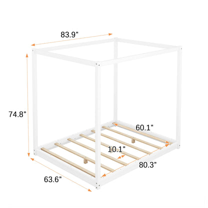 Merax Wooden Canopy Platform Bed Frame Queen Size Floor Bed/Mattress Foundation with Slat Support White