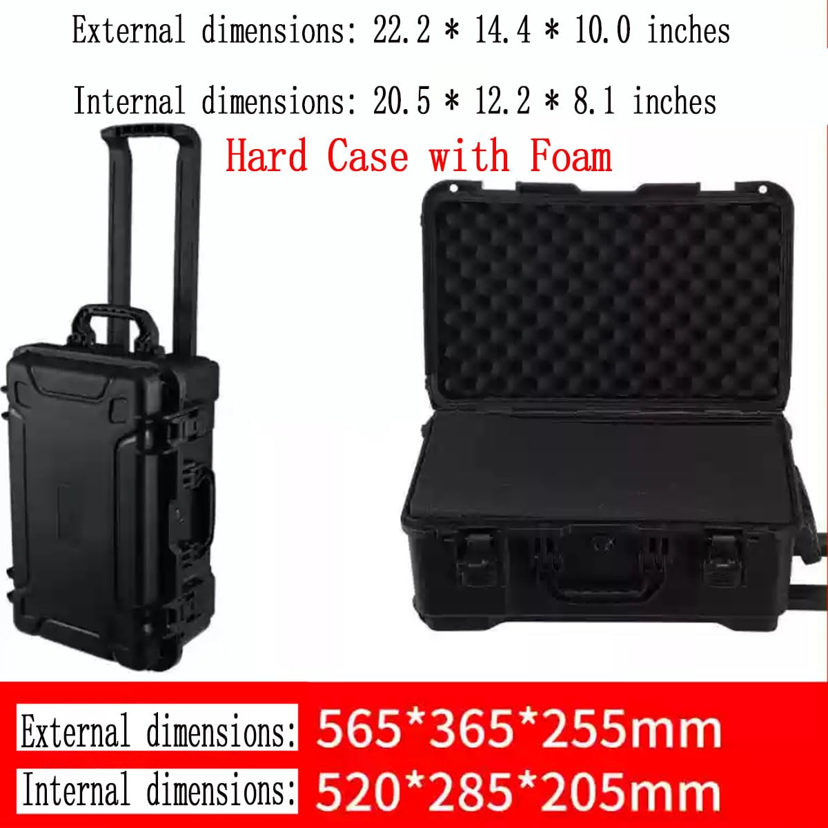 PISKGODSF 22" L x 14" W x 10" H Large Hard Case with Foam, Portable Rolling Hard Case with Wheels, Waterproof Shockproof Dustproof, Suitable for Cameras, Lenses, Camcorder, Instrument, Telescopes