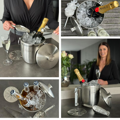 3L Insulated Ice Bucket, Champagne Bucket, Ice Bucket with Lid and Tongs, Stainless Steel, Strainer, Ice Scoop, Large Ice Buckets for Parties with Lid, Champagne, Drinks Bucket, Beer and Wine Bucket