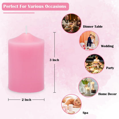 12 Pack 2x3 Inch Pink Pillar Candles, 22 Hours Dripless Smokeless Unscented Candles for Home Weddings Restaurant Spa Church and Emergency