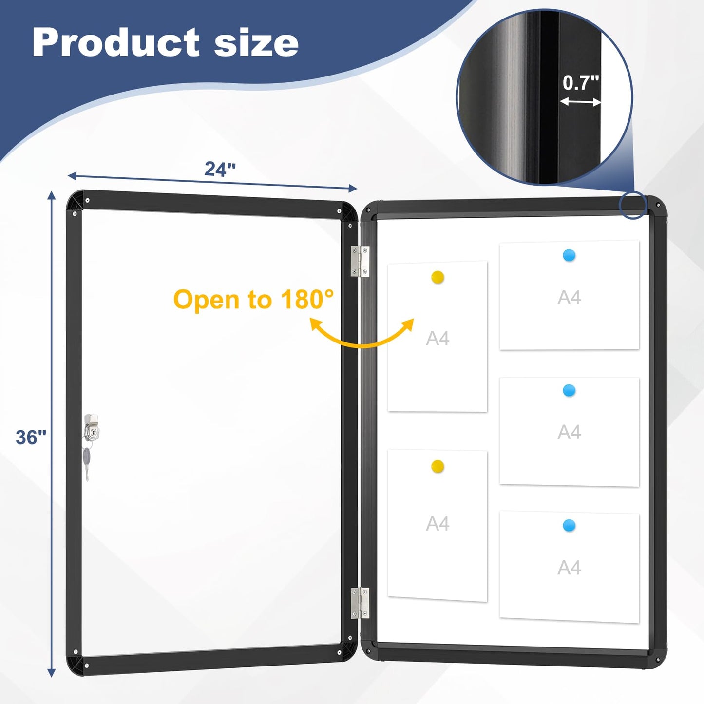 Enclosed Bulletin Board, 36"x24" Enclosed Bulletin Board with Locking Door Outdoor Weatherproof Enclosed White Board, Black Aluminium Frame Enclosed Whiteboard for School, Office, Venue, Hospital