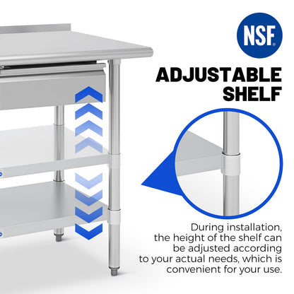 Hally Stainless Steel Prep Table 24 x 60 Inch with Backsplash, NSF Certified Commercial Work Table with Drawer, Removable Stainless Steel Pan, Undershelf and Side Hook for Restaurant, Home, Garage