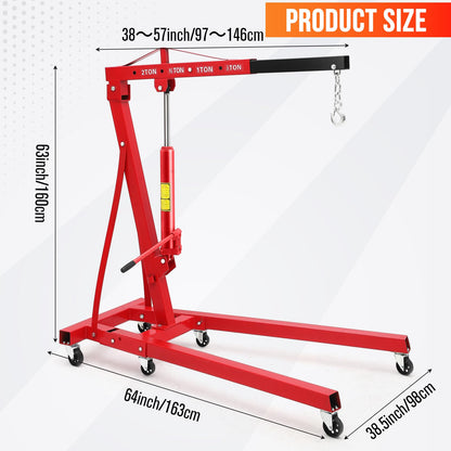 GarveeLife 2-Ton Folding Hydraulic Engine Hoist, Shop Crane with Telescopic Boom & 6 Casters, 4400 Lbs Foldable Cherry Picker Lift for Home Garage, Workshop, Warehouse, Heavy-Duty, Red