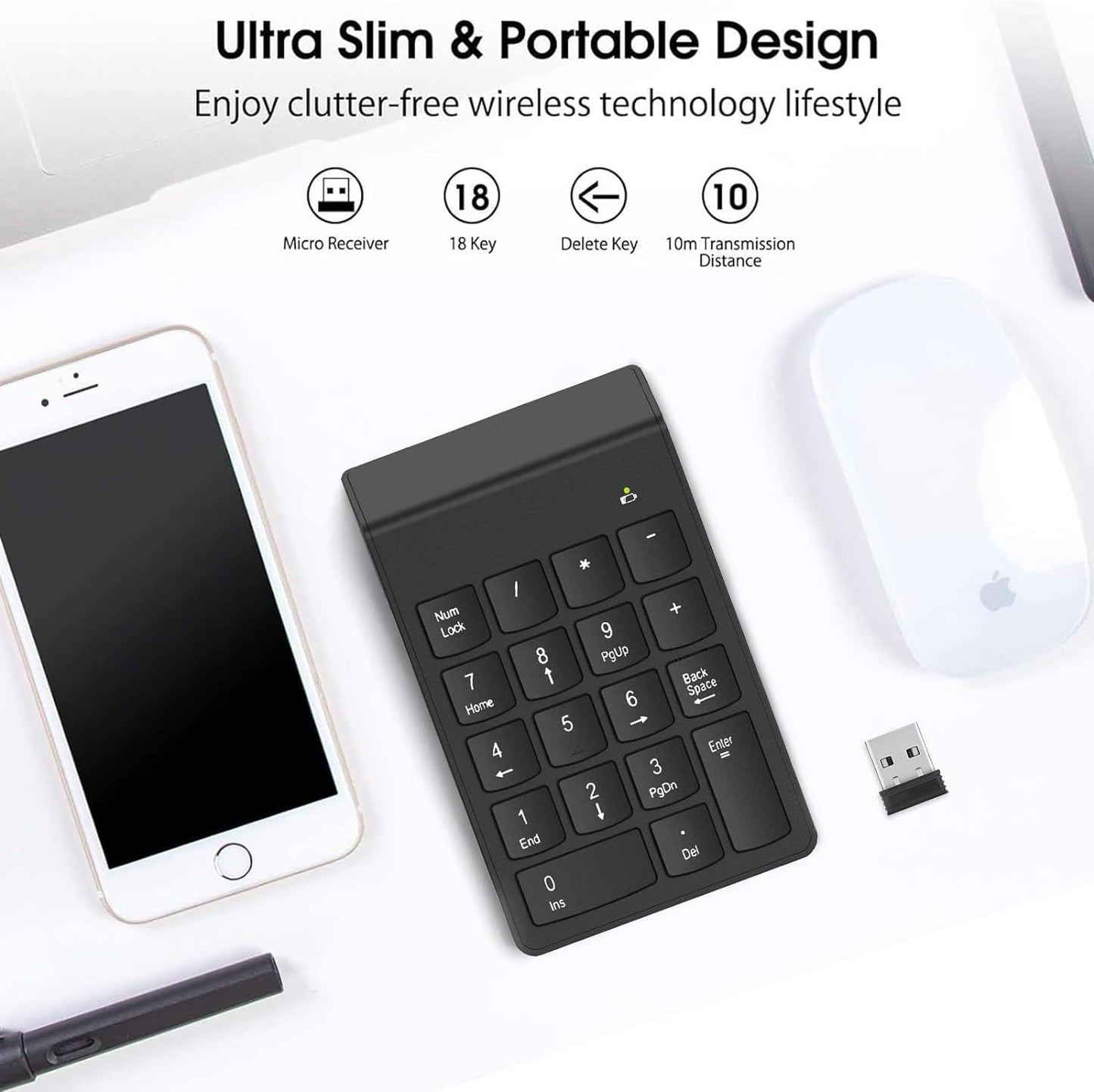 NOOX Wireless Number Pad, Numeric Keypad Numpad Keyboard 10 Key USB Keypad Office Accounting Essentials Desktop Computer Laptops Accessories Compatible Chromebook Notebook EliteBook MateBook etc.