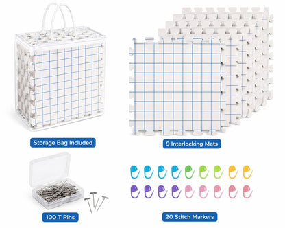 IRSTBL Knitting Blocking Mats Set – 9 Interlocking Foam Mats with Gridlines, 100 T Pins, 20 Locking Stitch Markers and Storage Bag – Crochet Blocking Boards Kit