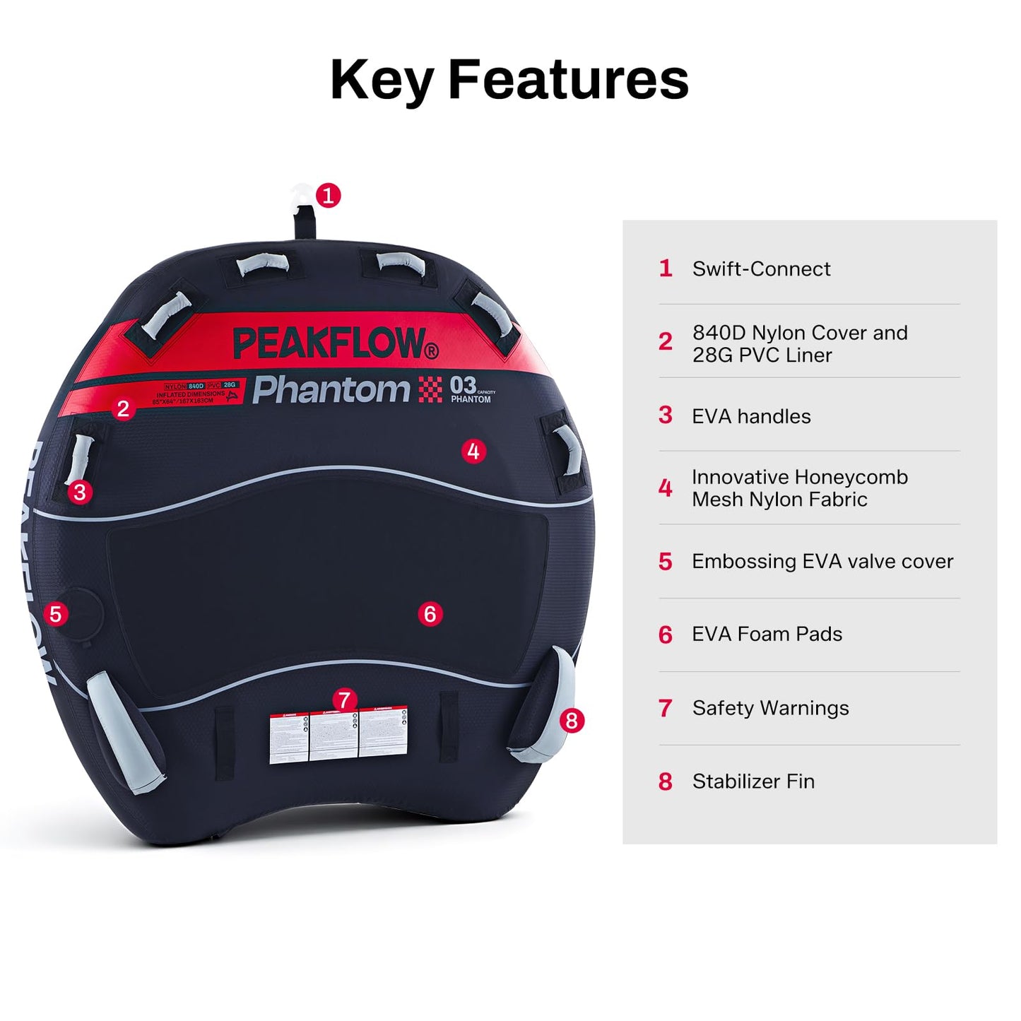 PEAKFLOW Towable Tube,Boat Tube,2-3 Rider Models,Tubes for Boating,PVC Liner and Full Nylon Cover,EVA Foam Pads and 6 EVA Handles,Swift Connect Rapid Boston Valve, 64x64Inches Inflated,Phantom Series