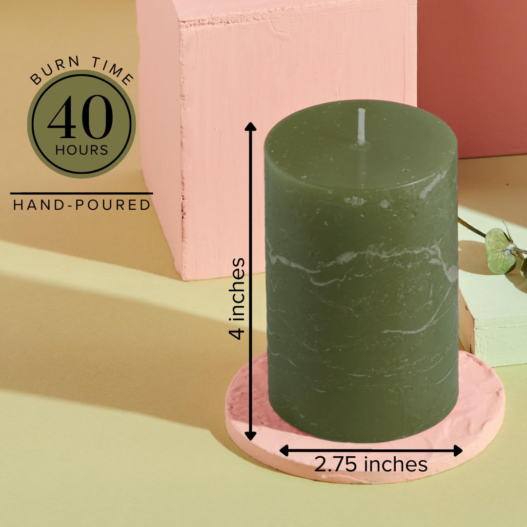 Simply Soson 3x4 inch Dark Moss Green Pillar Candles Set of 3, Rustic Texture, Unscented Green Candles, Dripless Candles, 3 inch Pillar Candles for Wedding Parties Spas Dinner Home Decoration Church