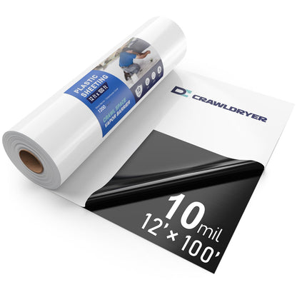 Crawl Space Vapor Barrier - 10 mil (12' x 100'), Thick Plastic sheeting, Drop Cloth Moisture Barrier Covering for Crawl Space Encapsulation, Blackout Plastic Painters Tarp, Black and White Panda Film