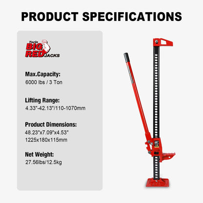 Big RED 48" High Lift Farm Jack with Base Mate - 3-Ton Off-Road Recovery Jack for Car, Truck, Jeep, ATV, SUV & UTV - Prevents Sinkage in Sand, Mud & Snow