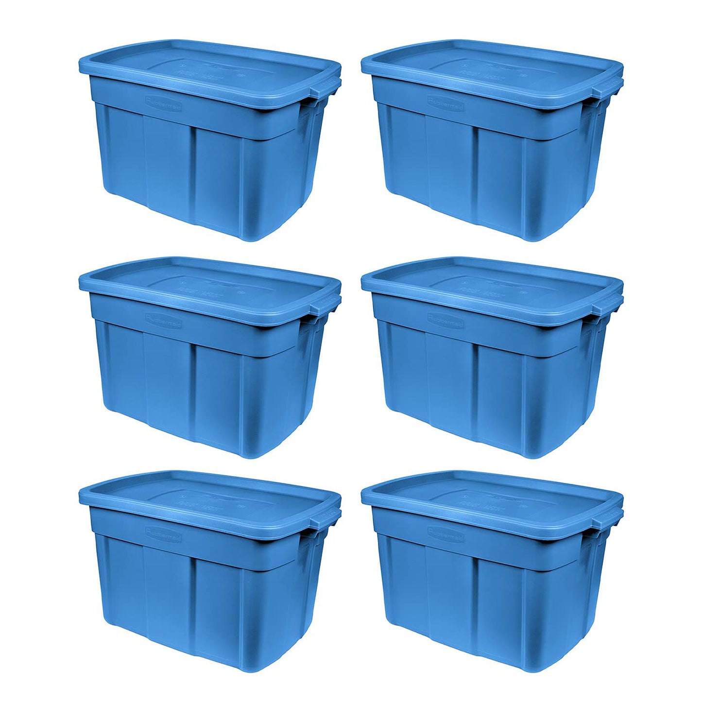 Rubbermaid Roughneck Tote 18 Gal, 6 Pack, Made in USA, Heritage Blue, Rugged Plastic Stackable Storage Bins with Lids and Handles