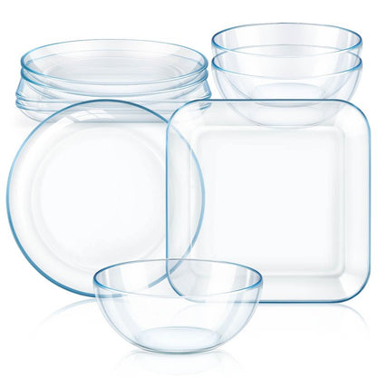 6 Pcs Clear Glass Dinnerware Set Glass Plates and Bowls with Blue Tint Round Square Tempered Plates 10'' and Kitchen Serving Bowl 8'' for Dessert, Salad, Fruit, Dishwasher and Microwave Safe