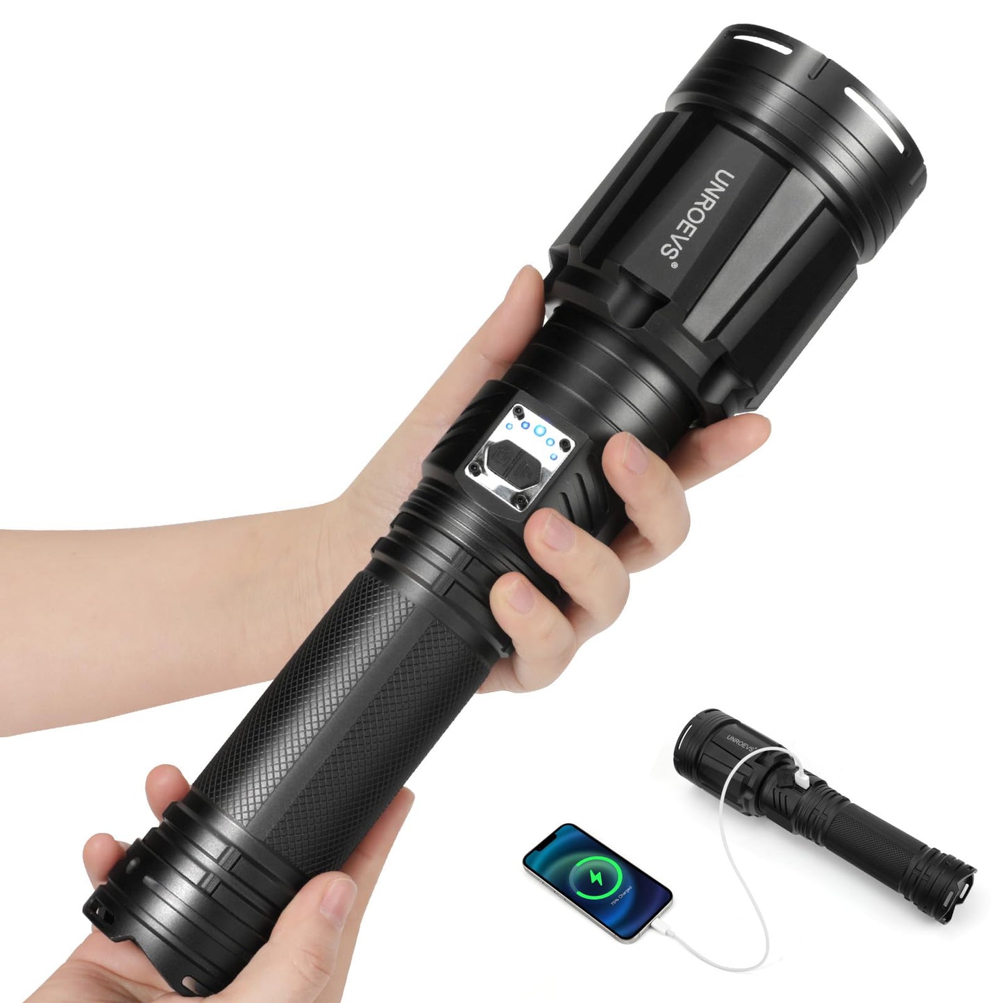 Brightest Flashlight 35000 Lumens, Most Powerful Flashlight with 28000mAh Battery, Super Bright Tactical Flash Light with Adjustable Zoom, USB Outpot, Shoulder Strap for Outdoor, Camping, Emergency