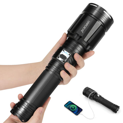 Brightest Flashlight 35000 Lumens, Most Powerful Flashlight with 28000mAh Battery, Super Bright Tactical Flash Light with Adjustable Zoom, USB Outpot, Shoulder Strap for Outdoor, Camping, Emergency