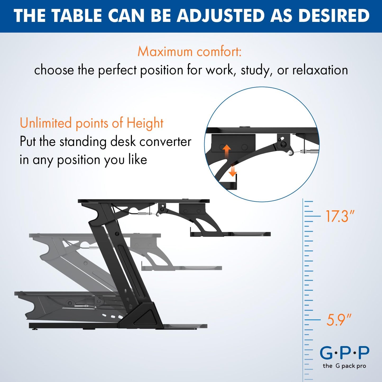 G-PACK PRO 36″ Wide Standing Desk Converter – Sit-to-Stand Workstation for Dual Monitors, Height Adjustable Up to 17.3″ with Large Keyboard Tray – Black