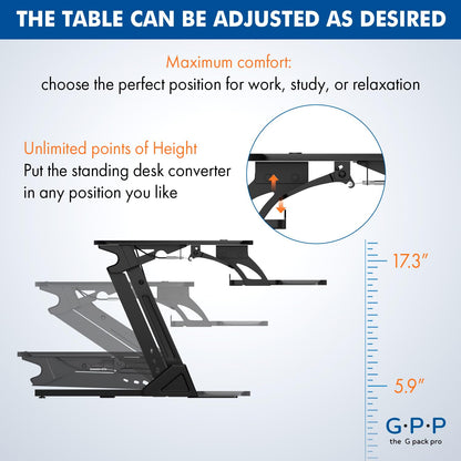 G-PACK PRO 36″ Wide Standing Desk Converter – Sit-to-Stand Workstation for Dual Monitors, Height Adjustable Up to 17.3″ with Large Keyboard Tray – Black