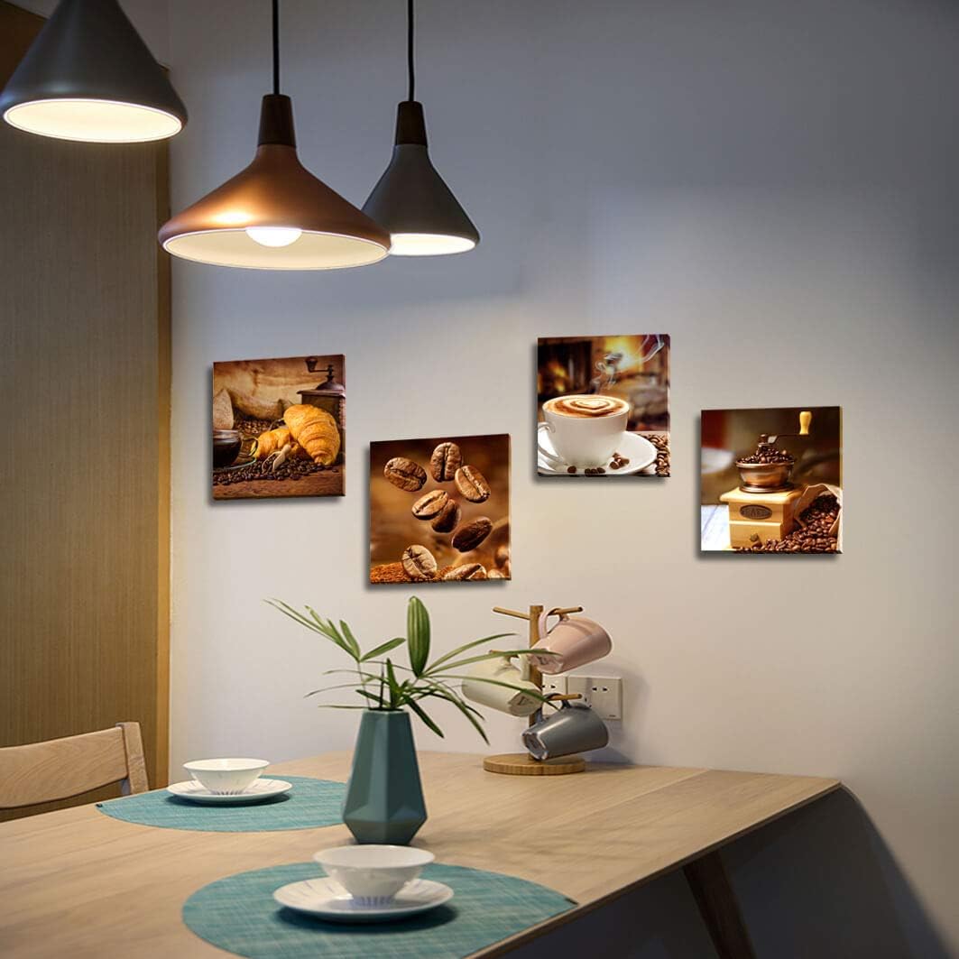 Coffee Theme Canvas Wall Art, Kitchen Decor Pictures, 4 Panel Set, Brown，Canvas wall art prints - charming images of coffee cups, croissants, coffee beans and grinders