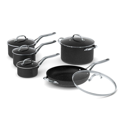 Starfrit The Rock 10PC Non-Stick Cookware Set - Durable Forged Aluminum - Oven Safe - PFOA Free - Easy to Clean - Black