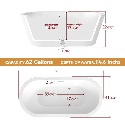 SYLONWILL 61 in. x 31 in.Classic Oval Acrylic Free Standing Tub, Heavy Duty Deep Soaking Tub, Bathroom Stand Alone Tub, Freestanding Bathtub SY1255 (Glossy White)