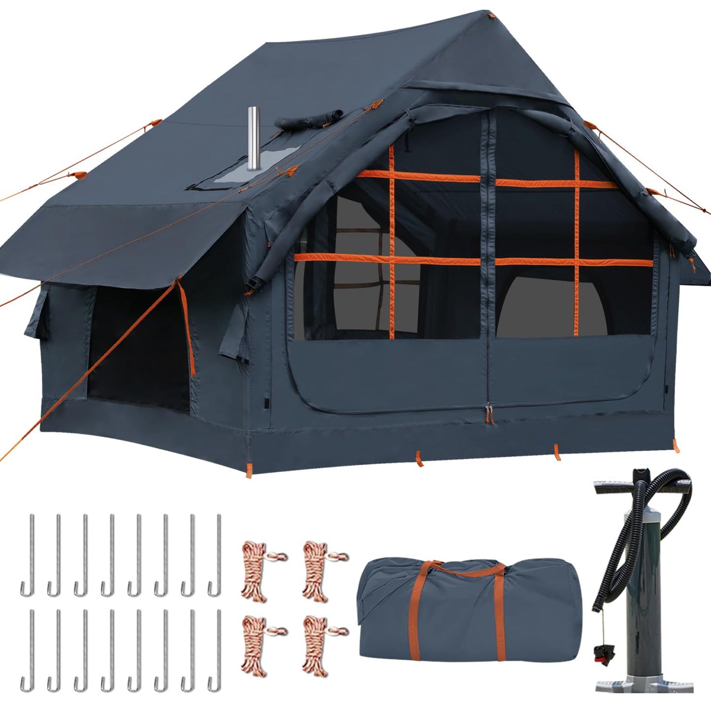 Blow Up Tent with Skylight and Stove Jack,4-6 Person Inflatable Camping Hot Tent with Pump,Easy Setup Family Camping Tent 4 Season Waterproof Outdoor Tents,Grey