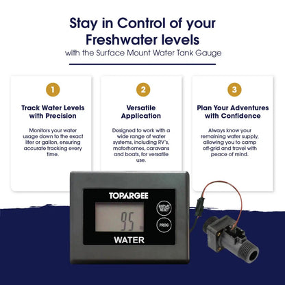 Topargee Surface Mount Water Tank Gauge - Real-Time RV, Caravan & Boat Accessory - Accurate RV Water Tank Level Indicator - Tracks Flow (Liters/Gallons), No Drilling, Compact Display, Battery Powered