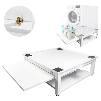 Washer and Dryer Pedestal with Pullout-Shelf - 24" W, 10" H, White Steel Universal Fit with Major Brands | Laundry Pedestal with Drain Pan & Hose | Washer Stand for Back Pain Relief, 800 lbs Capacity