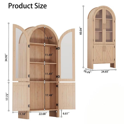 Garvee 60" Kitchen Pantry Storage Cabinet, Large Arched Display Cabinet with 4 Glass Doors, 4-Tier Freestanding Organizer for Bathroom, Entryway, Dining Room, Modern Wood Storage Hutch