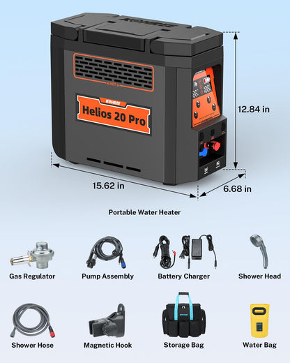 Kohree Helios 20 Pro, Portable Water Heater, 20,000 BTU 4000mAh Rechargeable Battery, Shower Pump, Propane Water Heater for Outdoor Camping Cleaning
