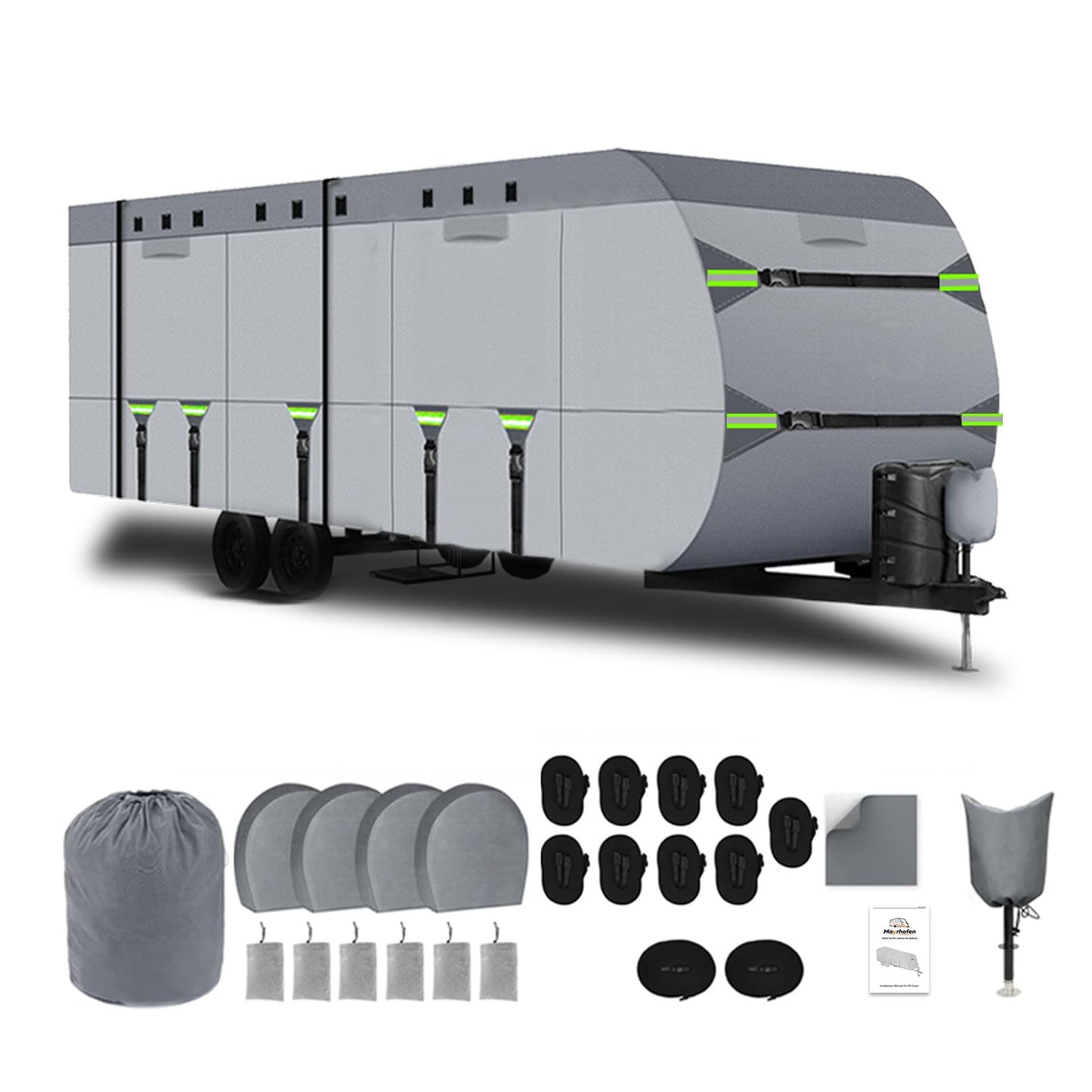 8 Layers Travel Trailer Cover Windproof Waterproof Rip-Stop RV Covers with Adhesive Repair Patches, 2Pcs Extra Straps & 4 Tire Covers (Fit 24-27FT)