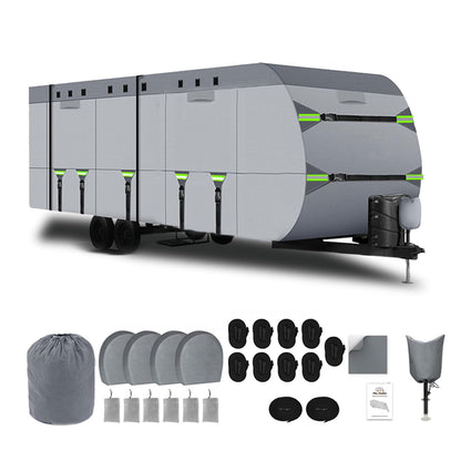 8 Layers Travel Trailer Cover Windproof Waterproof Rip-Stop RV Covers with Adhesive Repair Patches, 2Pcs Extra Straps & 4 Tire Covers (Fit 24-27FT)