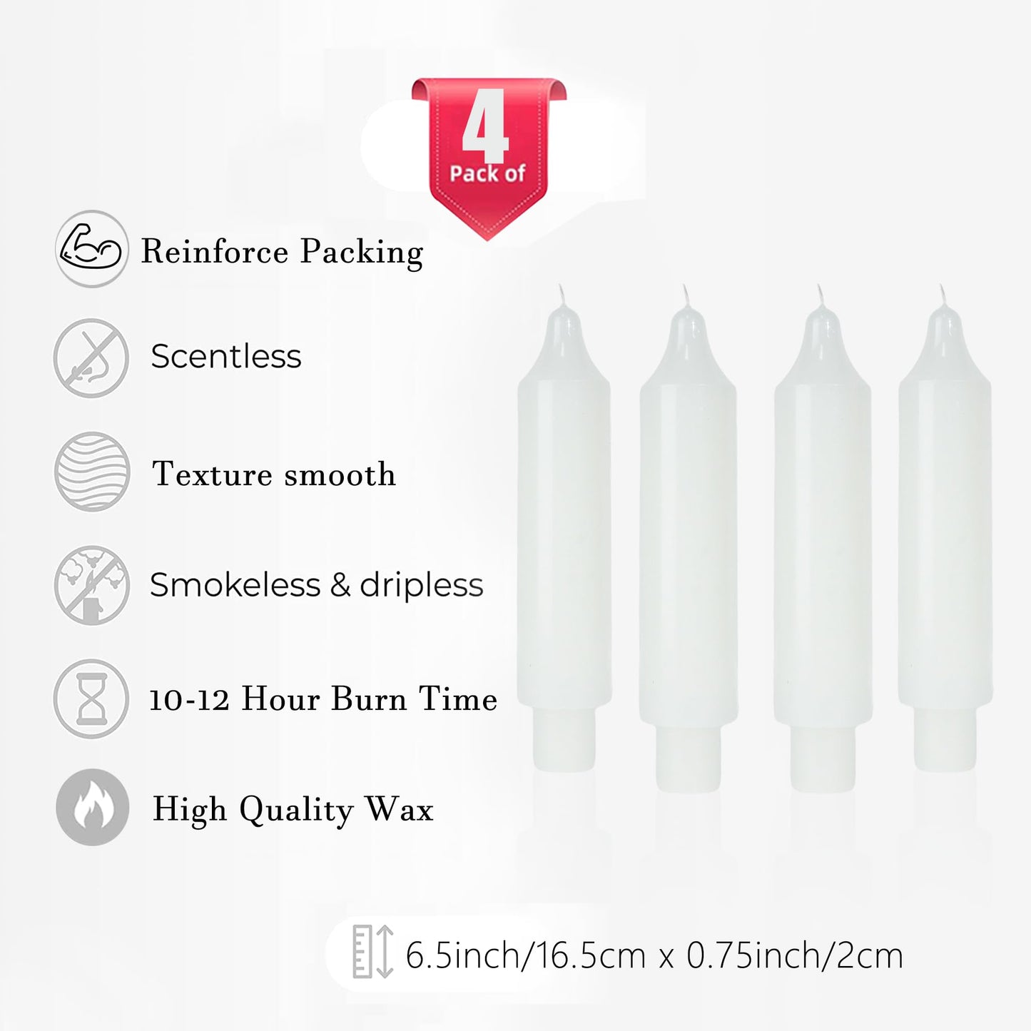 MAITREYA White Candlesticks Short Taper Candle Dripless Dinner Candle for Wedding Party Decoration Home Dinner,6.5inch,4 Pack