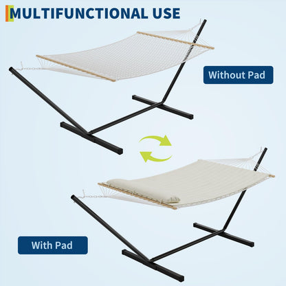 Double Hammock with Stand for 2, Heavy Duty 350 Lb Capacity Portable Rope Hammock for Indoor & Outdoor Use, Includes Padded Mat and Pillow, Tool-Free Easy Assembly, Beige