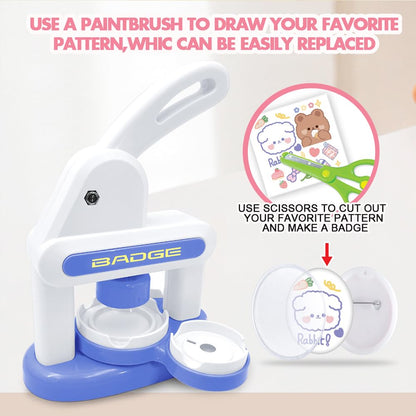Upgraded Badge Button Maker Machine Kit - DIY Pin Press with 2 Round Sizes & Heart Shapes,Button Parts, Pictures, Circle Cutter, Board, Chain & Scissors - Ideal for Kids, School & Party Badge Making