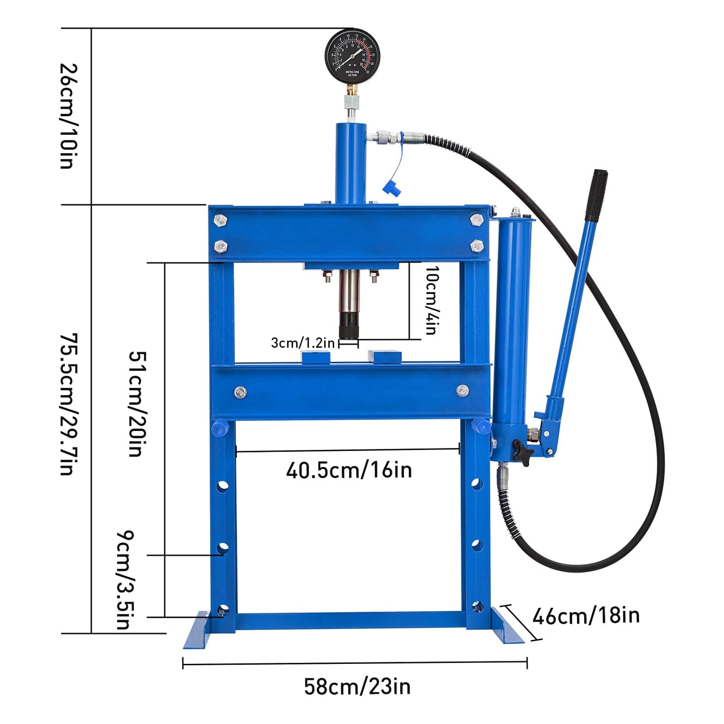 GarveeTech 10 T Hydraulic Press, Heavy Duty H Frame Garage Hydraulic Shop Press with 2 Press Plates, Adjustable Work Table Height Blue