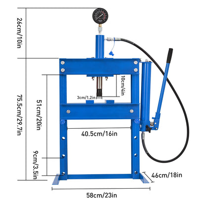 GarveeTech 10 T Hydraulic Press, Heavy Duty H Frame Garage Hydraulic Shop Press with 2 Press Plates, Adjustable Work Table Height Blue
