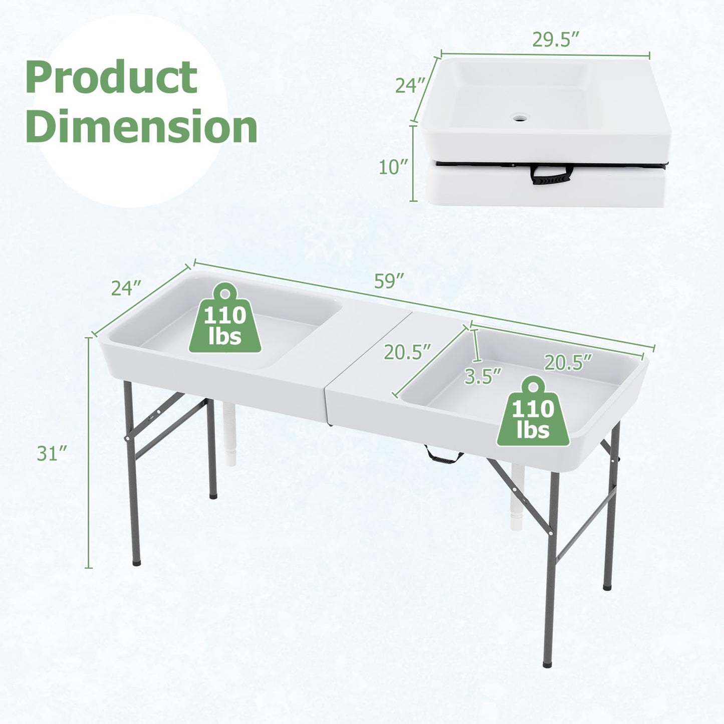 Giantex 5 FT Folding Ice Table with Double Sinks and Drains, Portable Ice Cooler Table with Removable Skirt, No Assembly, Foldable in Half, Fill and Chill Stand for Party Camping BBQ Wedding, White
