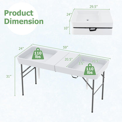 Giantex 5 FT Folding Ice Table with Double Sinks and Drains, Portable Ice Cooler Table with Removable Skirt, No Assembly, Foldable in Half, Fill and Chill Stand for Party Camping BBQ Wedding, White