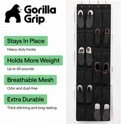 GORILLA GRIP Over The Door Shoe Organizer - 24 Large Breathable Mesh Pockets | Space-Saving Storage in Black