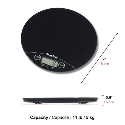 Starfrit Digital Kitchen Scale - Glass Platform - Measures Weight and Liquid Volume - 11 lb / 5 kg Capacity - Black