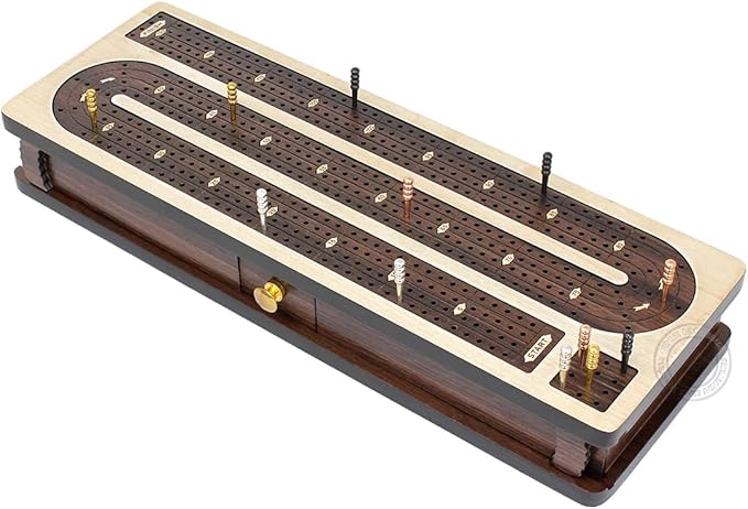 House of Cribbage - Continuous Cribbage Board Inlaid in Maple Wood/Rosewood - 4 Track - Separate Storage Space for Two Deck of Cards &amp Pegs