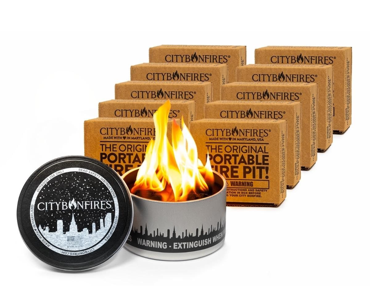 City Bonfires Portable Fire Pit - Mini Fire Pit, Table Top Firepit, No Wood, No Embers, 3-5 Hours of Burn Time - Food Safe for Smores - Lightweight, Emergency Heat, Camping Stove (10-Pack)