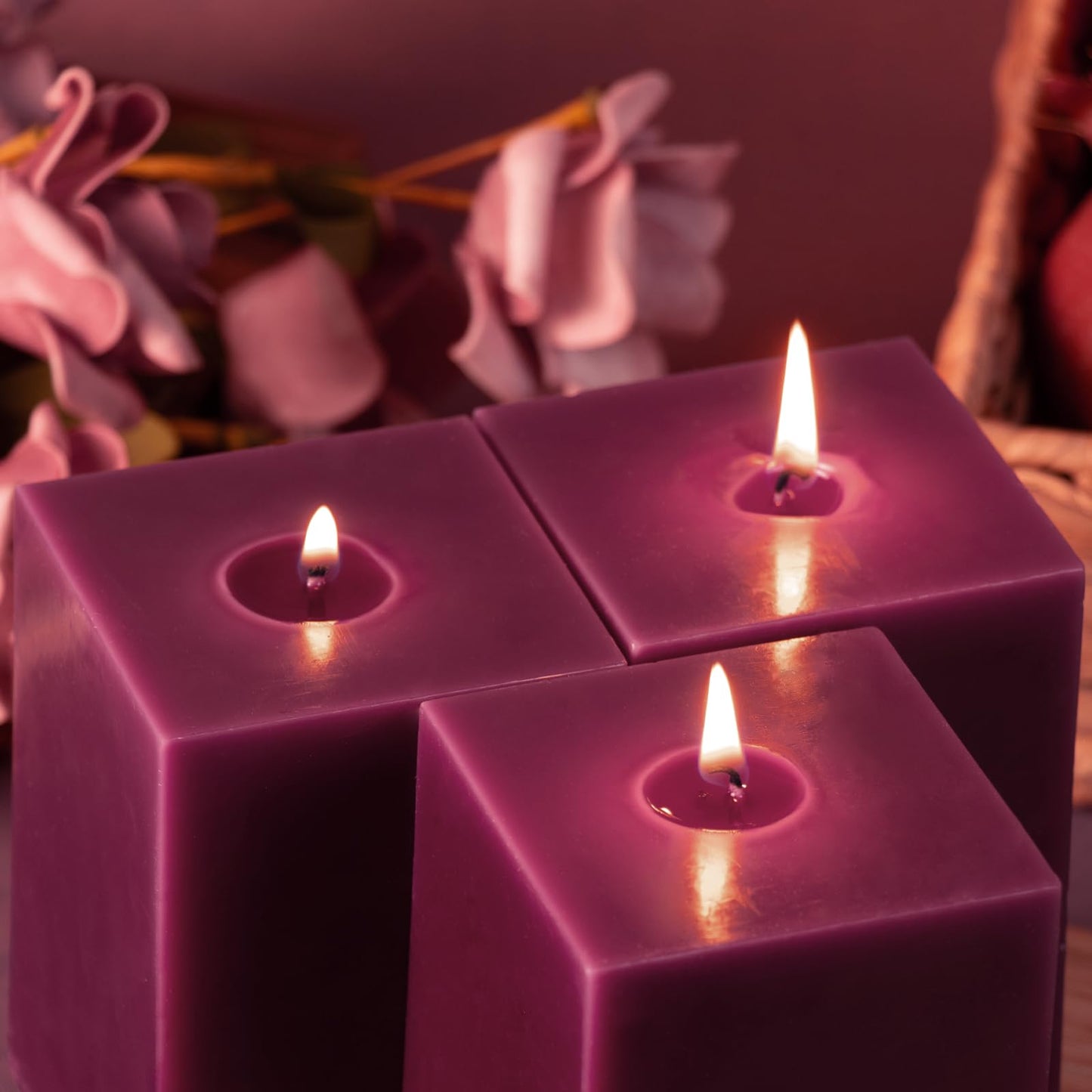 KONNI Square Purple Pillar Candles Set of 3, 2.8"x 4" Unscented Pillar Candles Bulk, 30 Hours Long Burning Candles, Smokeless and Dripless Large Candle for Wedding, Home Decoration, Parties, Spas