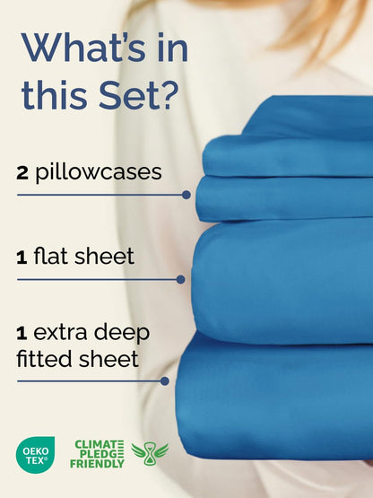 Skiennix Extra Deep Twin Sheet Set - 4-Piece Breathable Cooling Bedding - Soft, Wrinkle-Free Denim Blue