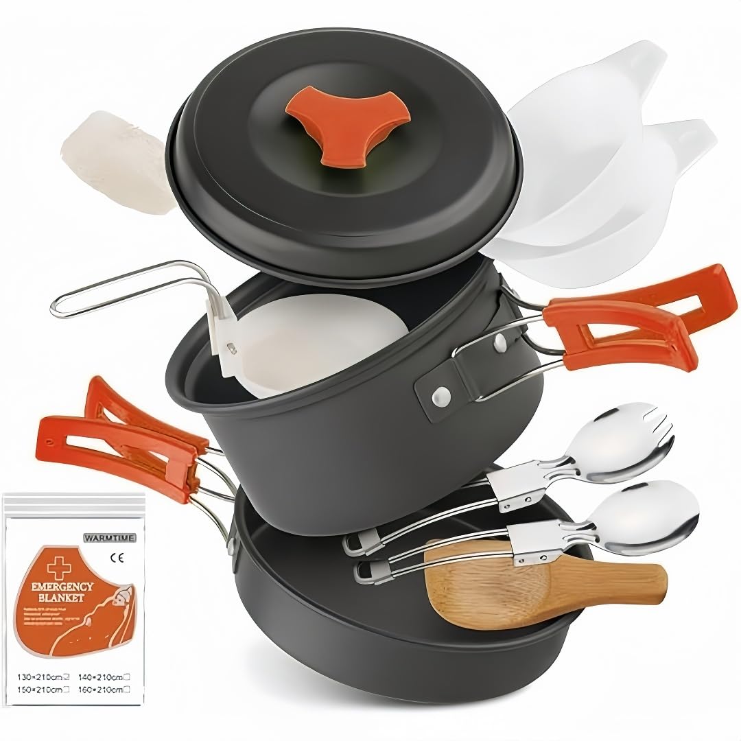 Voyage Living 12 PCS Lightweight Camping Cookware Set – Non-Stick Pots, Pans & Utensils for Backpacking, Hiking – Compact Mess Kit for 1-2 People, Gift with Emergency Blanket