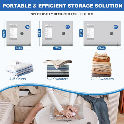 Vacbird Vacuum Storage Bags - 15 Pack Travel Size with USB Pump | Space Saver for Clothes