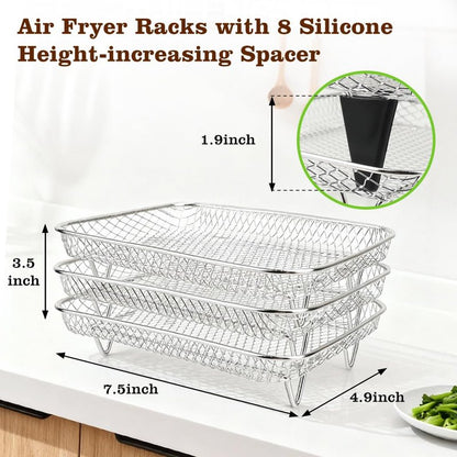 BYKITCHEN Air Fryer Rack for Ninja 8 QT DZ201/ SL201 DualZone Airfryer/Bella 4QT Slim Airfryer&More, 3pcs Stackable Stainless Steel Dehydrator Rack with Silicone Feet, Ninja Air Fryer Accessories
