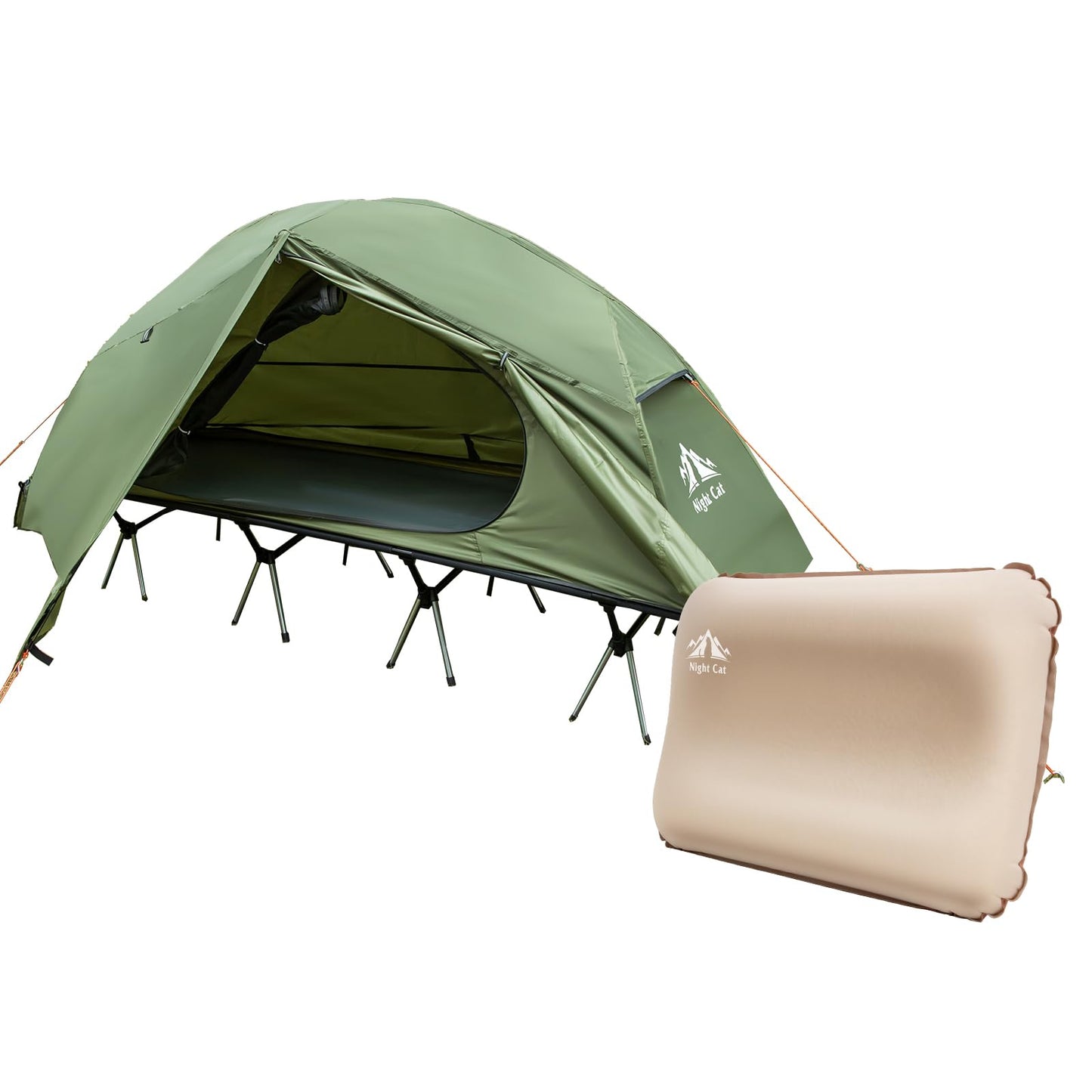 Night Cat Camping Cot Tent with Self-Inflatable Camping Pillow 1-Person Off-Ground Combo Cot Bed for Adults Portable Easy Set-up Tent