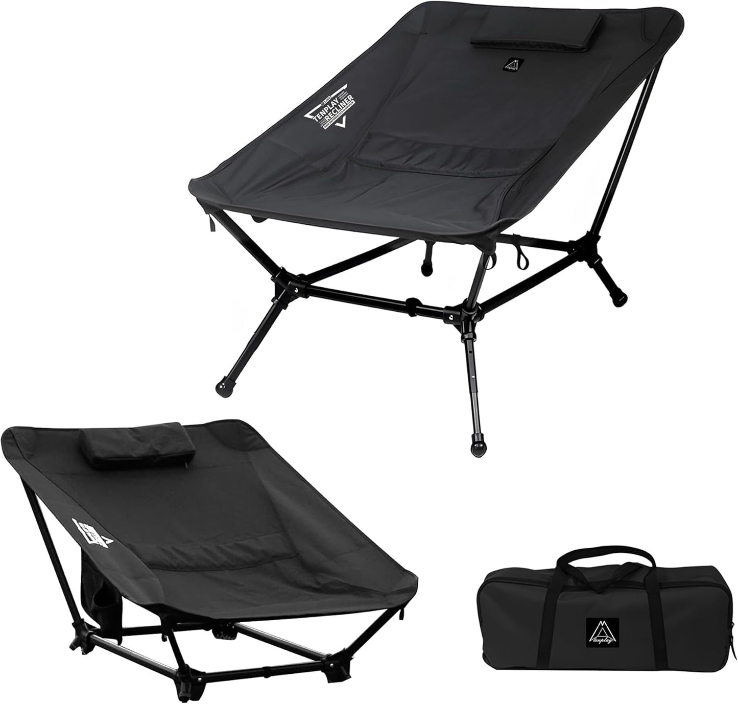 Reclining Chair, Lightweight Folding Camping Chair with Pillow, Backpacking with Carry Bag, 5-Way, Adjustable Height Chairs for Adults Heavy Duty 330lbs for Hiking, Fishing, Mountaineering Black