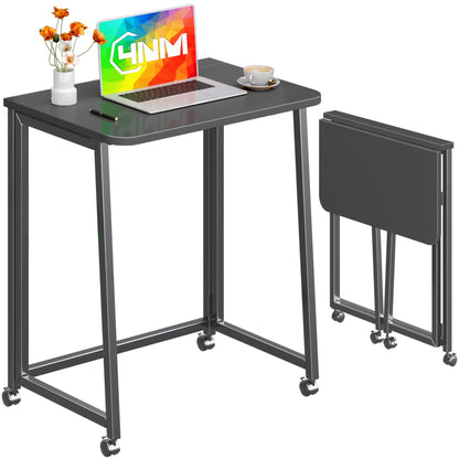 4NM 23.6" Mobile Small Folding Desk, Foldable Rolling Computer Home Office Desk, Study Writing Table for Small Space Saving Bedroom, with Wheels - All Black