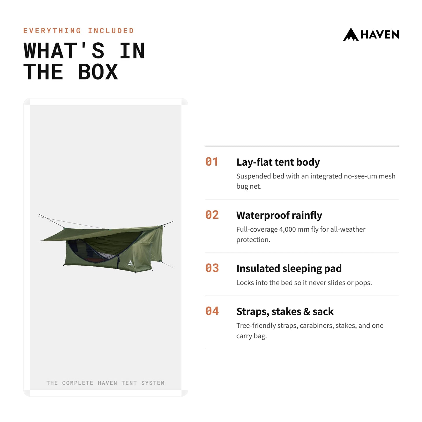 Haven Tent Original Lay-Flat Hammock Tent (Forest Green) – Comfortable Waterproof Camping Hammock with Mosquito Net – Includes Insulated Sleeping Pad & Rainfly