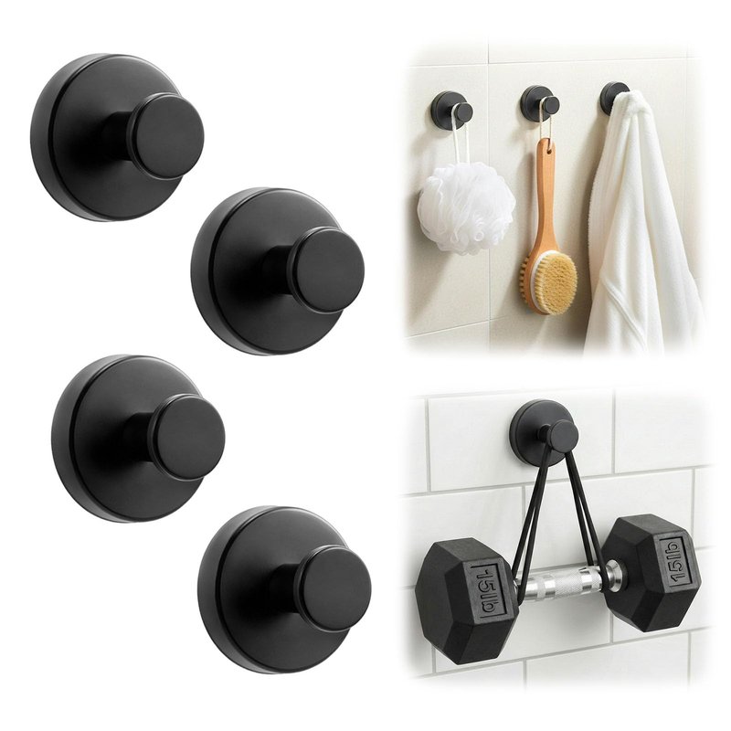Upgraded Suction Cup Hooks for Shower, Heavy Duty Removable Towel Hooks for Bathroom Glass Door Wall, Stainless Steel Shower Hooks for Towel & Loofah (4 Pack, Black)